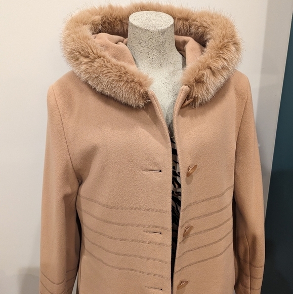 Cecil G Wool & Cashmere coat, mother of pearl buttons & fox fur, vintage Sz 14 - Picture 9 of 17